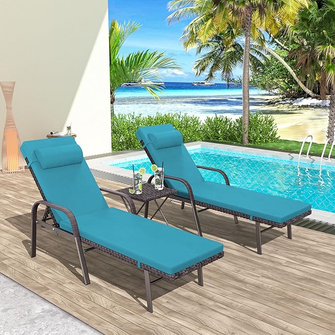 Patio Chaise Lounge Set 3 Pieces Pool Lounge Chairs,Cushioned Outdoor Folding Lounge Chair w/Arm and Rattan Adjustable Backrest for Poolside Porch,Folding Table Included,Turquoise Blue