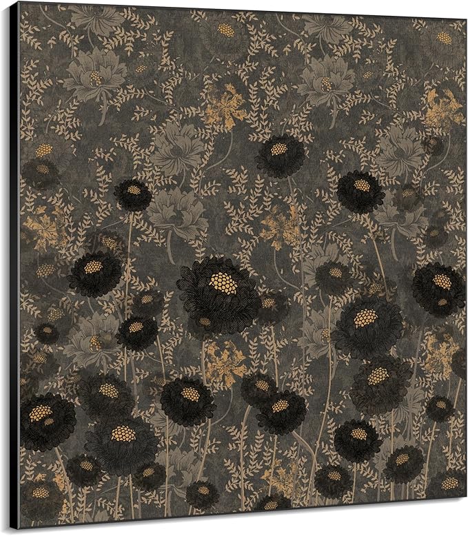 60"x60" XL Framed Wall ArtVintage Floral Pattern Dark Botanical Print with Gold Accents (Frame Assembly Required)