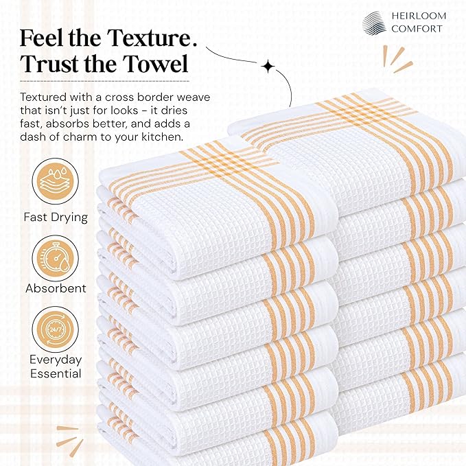 Mustard Yellow and White Waffle Kitchen Towels 3 Pack, 100% Cotton, 16x26 Inch, Super Absorbent, Quick Dry Dish Towels, Reusable & Soft Dishcloths for Kitchen Cleaning