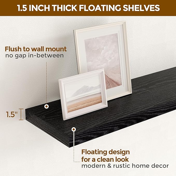 Fun Memories Floating Shelves for Wall, 36 x 9.3 Large Floating Shelf Wall Mounted Set of 2, Rustic Wood Shelves for Bathroom, Kitchen, Living, Heavy-Duty Storage Deep Shelf for Books, Decor, Black