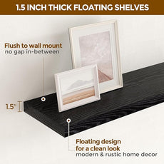 Floating Shelves 16 Inch Long, Wall-Mounted Bathroom Shelves Set of 2, 9.3 Inch Deep Shelf for Home Storage & Display, Wooden Deep Wall Shelves for Bedroom, Living Room, Kitchen, Black Color