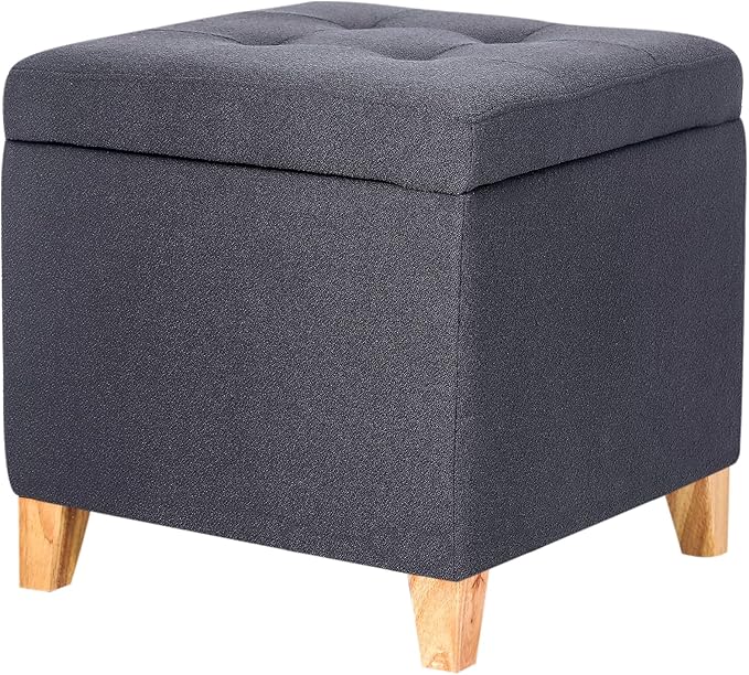Fabric Storage Ottoman with Hinged Lid, Square Foot Rest Stool Tufted Cube Footstool, Dark Gray