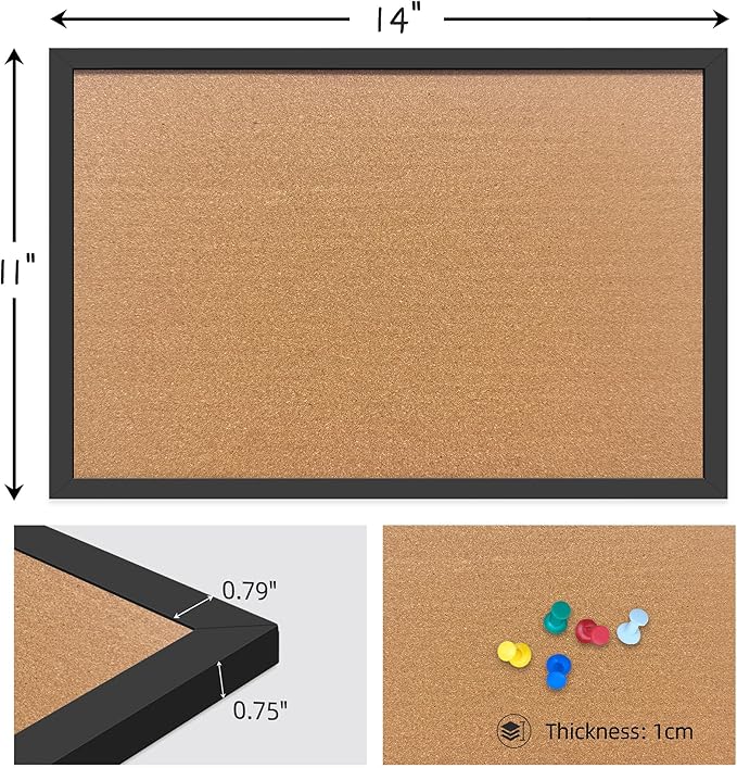 Cork Bulletin Board, 11x14 Inches Hanging Cork Board Wooden Framed with Pins for Wall, Dorm Room, Office, Home Decor – Natural Cork & Black Frame