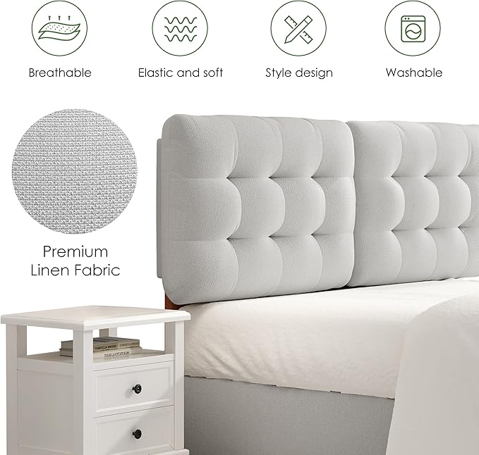 Upholstered Headboard Queen Size, Adjustable Height Queen Headboard Only from 39”to 44”with Durable Solid Wood Legs, Modern Button Diamond Fabric Bed Head Board with Width Adapters, Beige