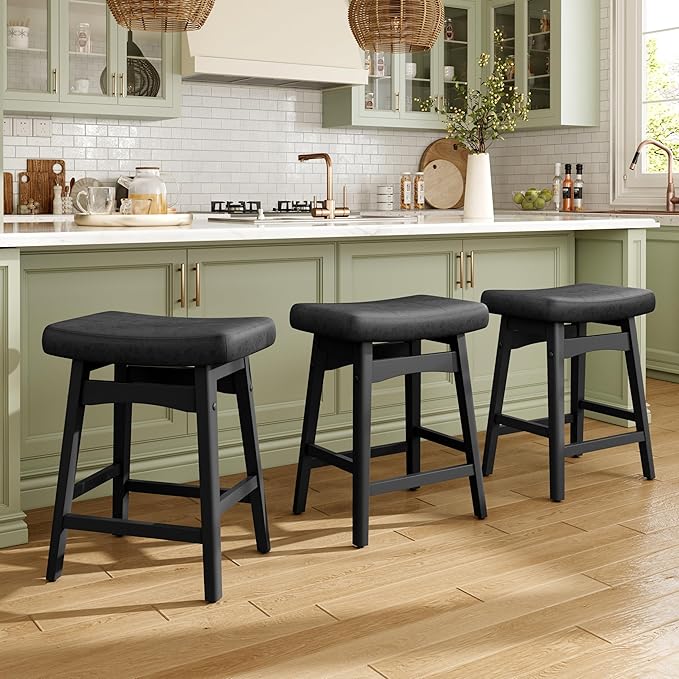 MAISON ARTS Black Counter Height Bar Stools Set of 4 for Kitchen Counter Solid Wood Legs with Faux Leather Saddle Seat Farmhouse Barstools for 34"-38" Counter Island Upholstered Stools, 24in Height