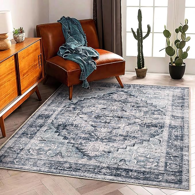 3'x5' Dark Blue Vintage Washable Thin Area Rug Traditional Floor Cover Foldable Indoor Distressed Non Slip Carpet for Bedroom Living Room Bathroom