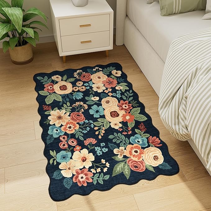 DUKINO 2x3 Entryway Rug, Floral Washable Indoor Door Mat with Non-Slip Backing, Soft Low Pile Small Front Door Throw Rugs for Entryway, Kitchen, Bedroom, Laundry, Bathroom, Navy Blue