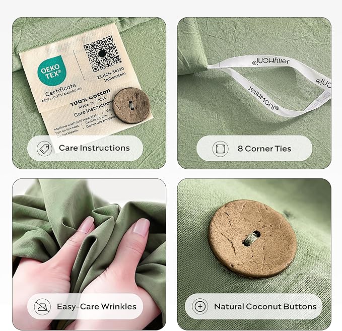 JELLYMONI 100% Washed Cotton Duvet Cover Twin – Soft, Breathable Linen-Look Bedding with Natural Wrinkle Texture, Button Closure, 3-Piece Set (Mint Green, 68"x90")
