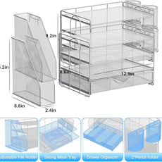 gianotter Desk Organizers and Accessories with File Holder, 4-Tier Desk Accessories & Workspace Organizers with Drawer and 2 Pen Holder, Paper Organizer for Office Supplies (Grey)