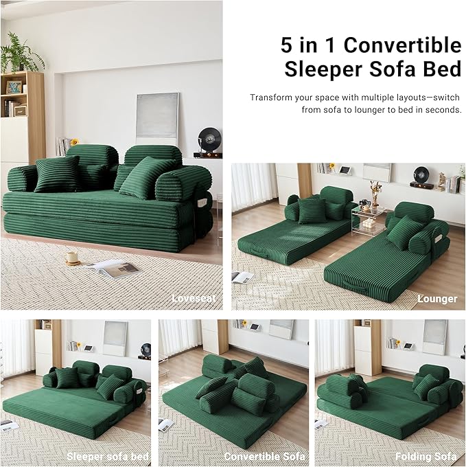 Convertible Sofa Bed with Fixed Frame, Corduroy Futon Boneless Couch with Pillow Headrest, No-Assembly Floor Sofa 79" Extra-Wide Sleeper for Living Room, Bedroom, Lounge, Studio (Dark Green)