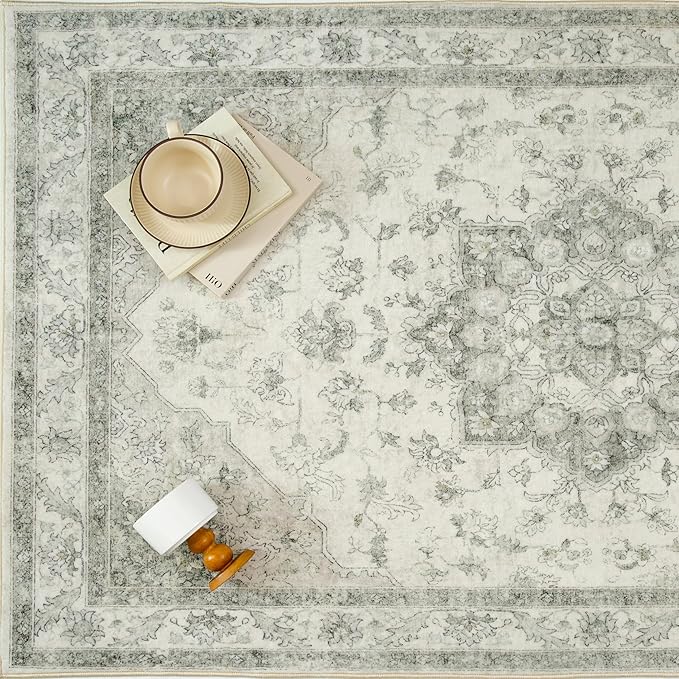 Green Area Rug 5x7 Washable Living Room Carpet Vintage Non Slip Soft Bedroom Indoor Office Retro Low Pile Thin Oriental Medallion Large Rug for Dining Room Bathroom Kitchen