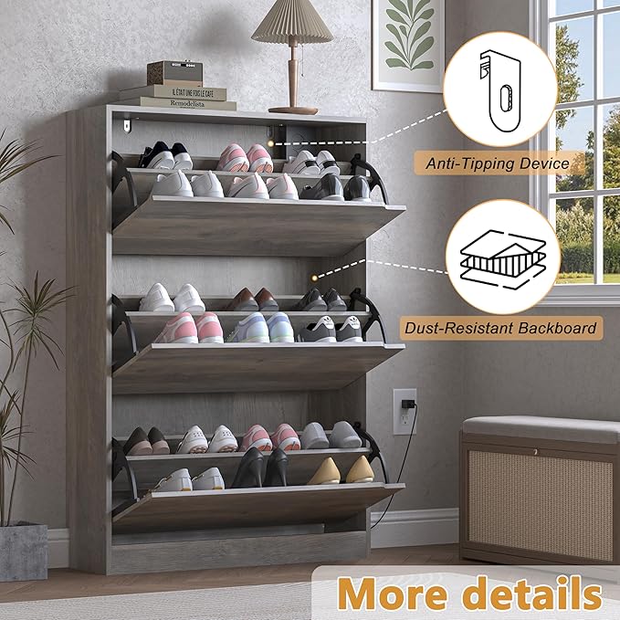 Shoe Cabinet with Odor Control and Back Panels, Deodorizing Slim 3-Flip Shoe Storage Cabinet for Entryway, Freestanding Hidden Shoe Rack Organizer for Entrance, Hallway, Bedroom