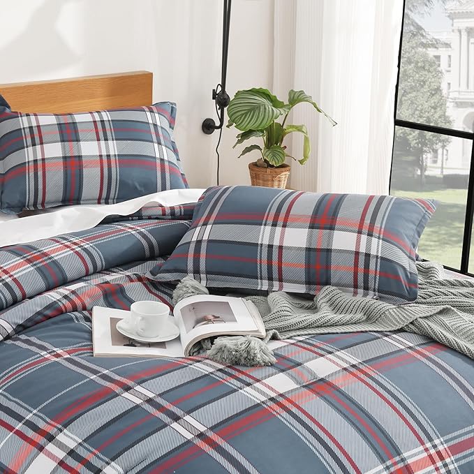 Andency Navy Red Plaid Comforter Set Full(79x90Inch), 3 Pieces Grid Gingham Stripes Bedding Comforter Sets for Boys Girls Kids Teens, Preppy Geometric Line Soft Lightweight Reversible Bed Set as Gift