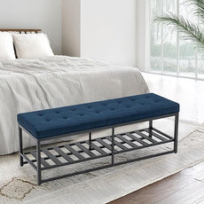 Rectangular Upholstered Tufted Linen Ottoman Storage Bench, Large Footrest Ottoman with Iron Base, Navy Blue End of Bed Bench for Entryway, Living Room, Bedroom