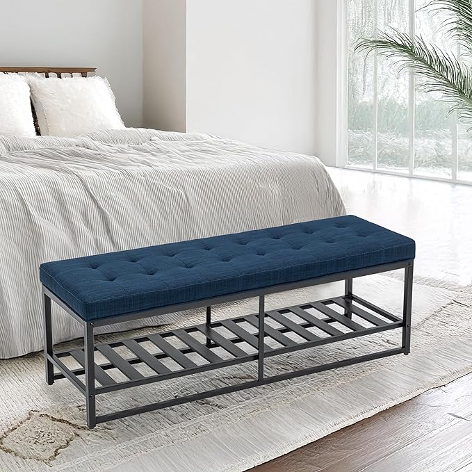Rectangular Upholstered Tufted Linen Ottoman Storage Bench, Large Footrest Ottoman with Iron Base, Navy Blue End of Bed Bench for Entryway, Living Room, Bedroom