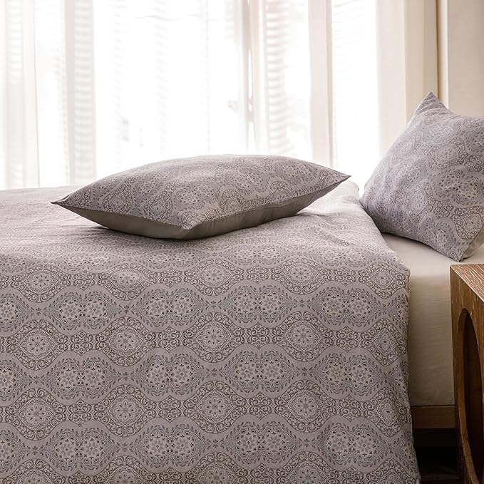 HeimenAogo Egyptian Cotton Duvet Cover California King Sateen Weave, Silky Soft Duvet Cover with Zipper Closure, Long Staple Cotton Comforter Cover Bohemian Damask Geometric 3 Pcs