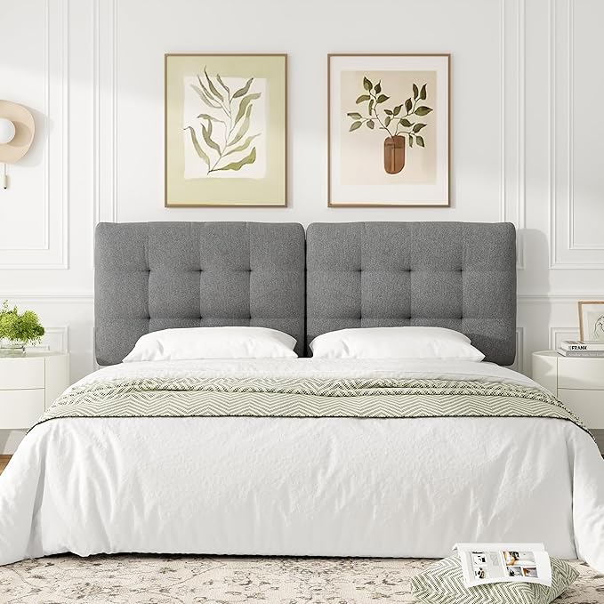 Tufted Upholstered King Headboard, King Size Headboard Only with Durable Solid Wood Legs, Modern Button Diamond Fabric Head Board with Adjustable Height from 39" to 44" and Width Adapters, Grey
