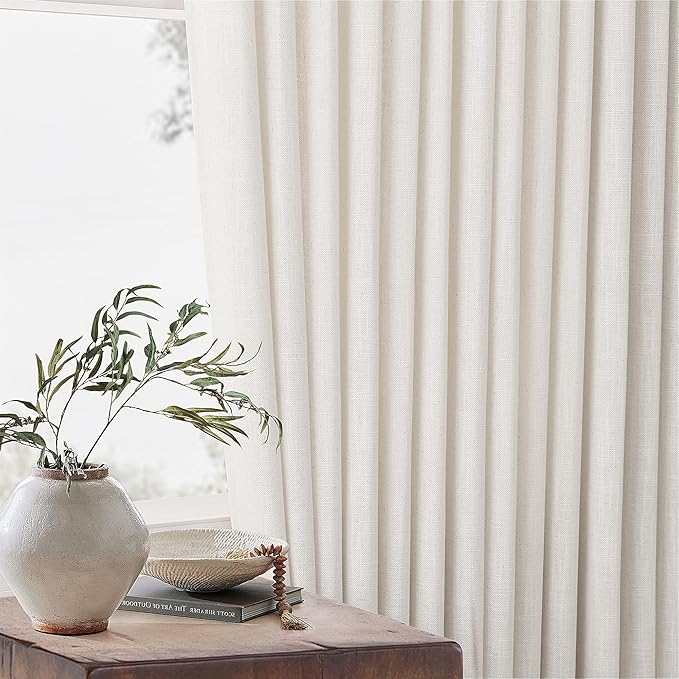 Extra Wide Pinch Pleat Curtains 84 Inches Long for Patio Sliding Glass Door Natural Cream Linen 60 Inch Wide Curtain Memory Trained Pleated Drapes Hooks Rings 60x84 Curtain for Large Window 1 Panel
