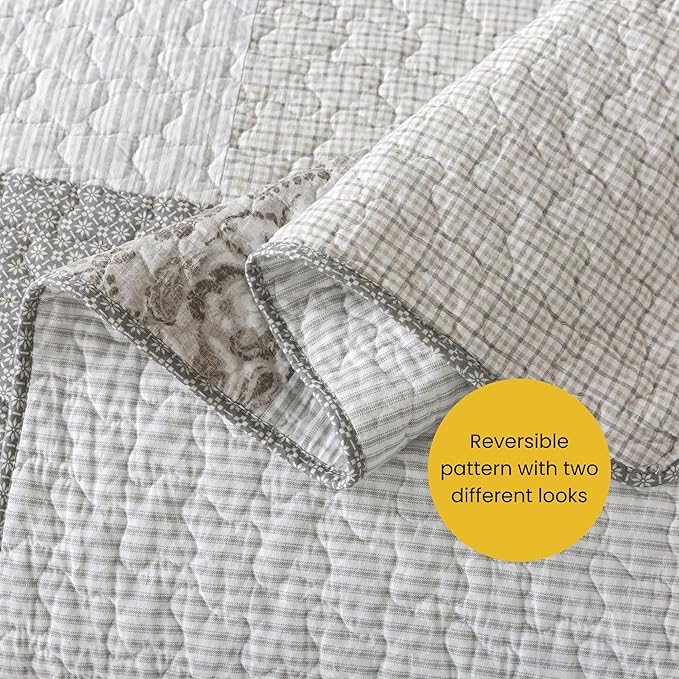 SLPR Silver Linings Cotton Quilt Set - Queen Size with 2 Shams, Neutral Pieced Patchwork Design, Country Silver Gray Quilted Comforter, Lightweight Summer Farmhouse Bedspread