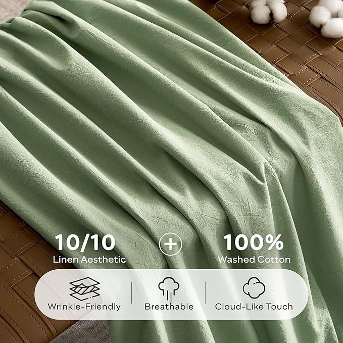 JELLYMONI 100% Washed Cotton King Pillowcases Set, 2 Pack Linen-Like Texture Breathable Pillow Covers with Button Closure,Mint Green King 20"×36"(Pillows are not Included)