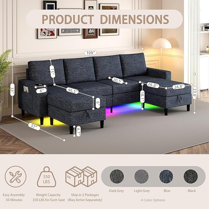 Sectional Couches for Living Room, 4 Seat Sectional Sofa with Smart Module-Wireless Charging/USB/Type-C/RGB Light, U Shaped Couch with Reversible Chaise Lounge/Storage Ottoman (Blue)