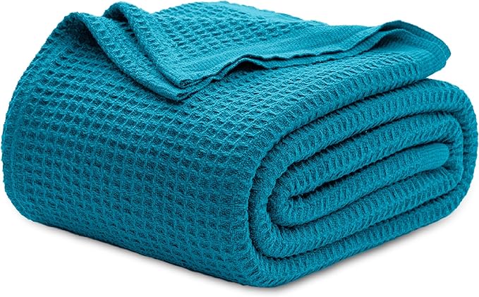 Bedsure Gentlesoft 100% Cotton Blanket King Size for Bed - Breathable and Soft, Thick Cozy Waffle Weave Christmas Blanket Gift for Women, Teal, 104x90 inches