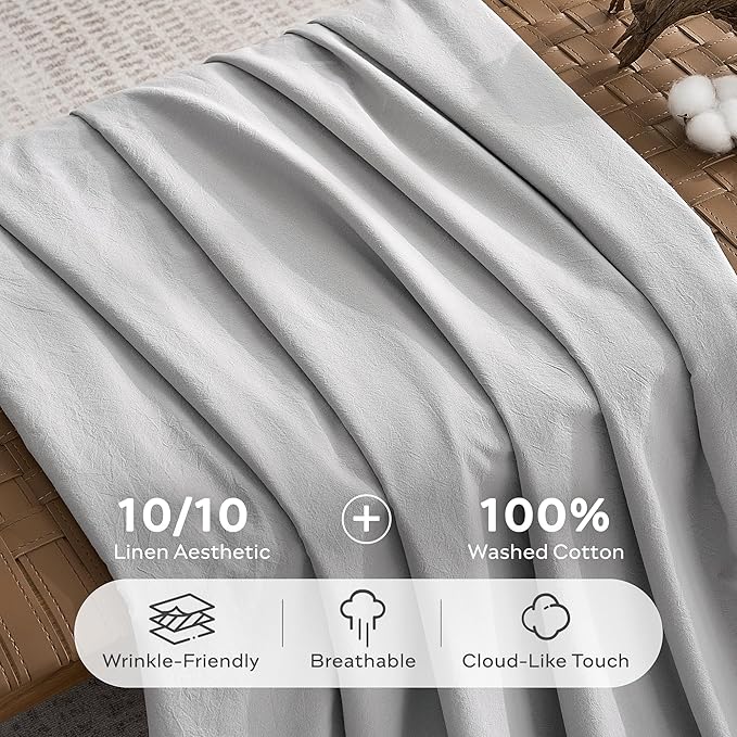 JELLYMONI Duvet Cover Queen Size - Washed Cotton Comforter Cover with Linen-Like Texture,Breathable & Soft Bedding for Modern Home,Guest Room and Everyday Use,Pale Grey 1 Duvet Cover & 2 Pillowcases