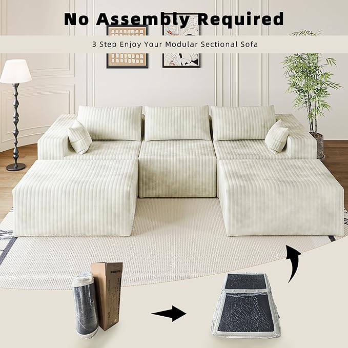 110" Cloud Couch Sectional for Living Room U-Shape Boneless Couches Modular Sectional Sofa with Deep Seat with Chaise,No Assembly Required, Carbon White(Plush Corduroy Fabric)