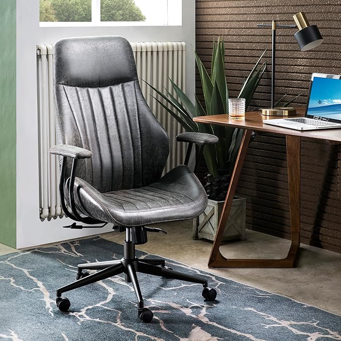 ovios Ergonomic Office Chair, High Back Faux Leather Executive Chairs with Armrests, Comfy High-Century Modern Swivel Rolling Computer Armchair (Dark Grey, Suede Leather)