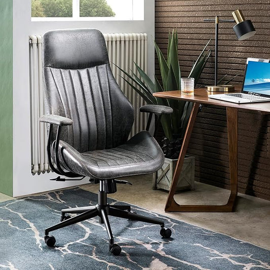 ovios Ergonomic Office Chair, High Back Faux Leather Executive Chairs with Armrests, Comfy High-Century Modern Swivel Rolling Computer Armchair (Dark Grey, Suede Leather)