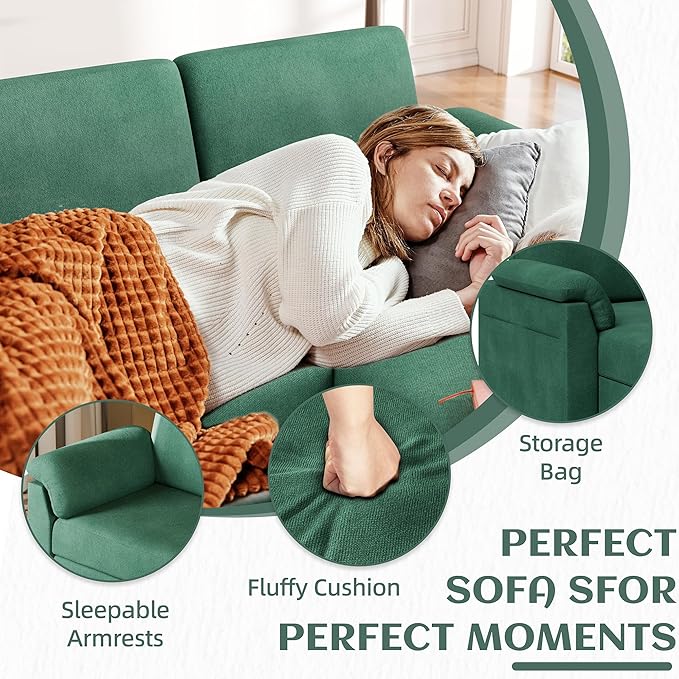 Vongrasig Convertible Sectional Couch, 3 Seat L Shaped Sofa with Removable Pillows Linen Fabric Small Modern Couch Mid Century for Living Room, Apartment and Office, Green