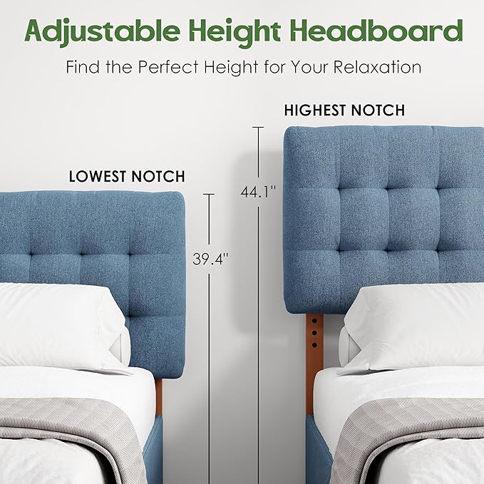 Tufted Upholstered Full Headboard, Adjustable Height Full Size Headboard Only from 39”to 44” with Durable Solid Wood Legs, Modern Button Diamond Fabric Head Board with Width Adapters, Blue