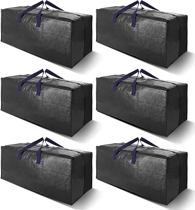 Heavy Duty Extra Large Moving Bags W/Backpack Straps - Strong Handles & Zippers, Storage Totes For Space Saving, Fold Flat, Alternative to Moving Box and Storage Bin (Set of 6, Black)