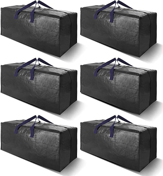 Heavy Duty Extra Large Moving Bags W/Backpack Straps - Strong Handles & Zippers, Storage Totes For Space Saving, Fold Flat, Alternative to Moving Box and Storage Bin (Set of 6, Black)