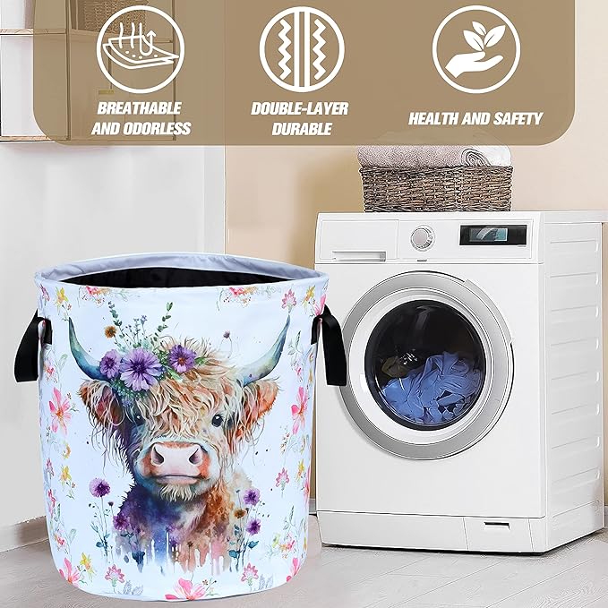 Highland Cow Laundry Basket Foldable Waterproof Oxford Cloth Funny Tote Bag Laundry Hamper Clothes Storage Bucket Toy Organizer For Bathroom/Laundry Storage/Bedroom Storage Basket 17.7x13.7 Inch