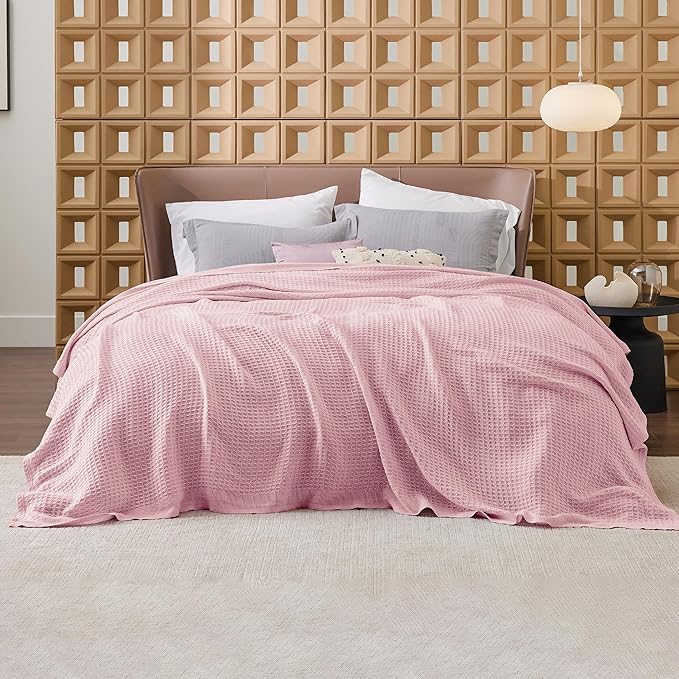 Bedsure Gentlesoft 100% Cotton Blanket Queen Size for Bed - Breathable and Soft, Thick Cozy Waffle Weave Christmas Blanket Gift for Women, Pink, 90x90 Inches