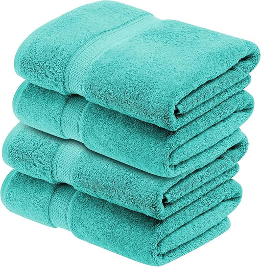 Superior Egyptian Cotton Pile Bath Towel Set of 4, Ultra Soft Luxury Towels, Thick Plush Essentials, Absorbent Heavyweight, Guest Bath, Hotel, Spa, Home Bathroom, Shower Basics, Turquoise