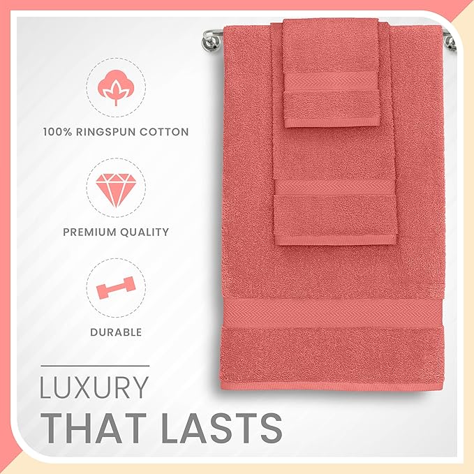 6-Piece Luxury 100% Cotton Towel Set | Quick Dry | Super Absorbent | Super Soft 100% Ringspun Cotton Towels | 2 Bath Towels | 2 Hand Towels | 2 Wash Cloths | Pink