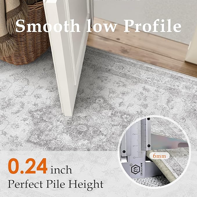 Grey Gray Area Rug 2x3 Washable Vintage Small Carpet for Entryway Kitchen Soft Retro Low Pile Thin Door Mat Non Slip Oriental Medallion Throw Rug for Bathroom Office Bedroom Dining Room