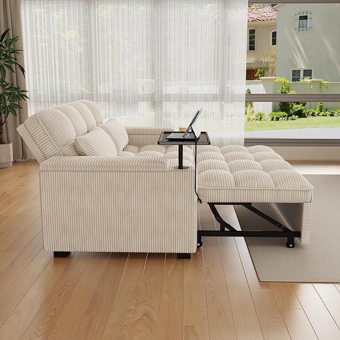 65" Sofa Bed, Loveseat 3-in-1 Sleeper Sofa with Pull Out Bed, 360° Swivel Side Table and USB, 2 Seater Convertible Small Couch for Living Room Apartment (Beige, Corduroy)