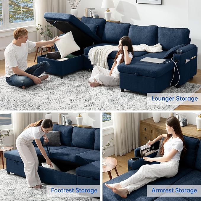 DURASPACE Sofa Bed Sleeper Sofa Pull Out Couch with Double Storage Chaise, Sectional for Living Room, U Shaped Couch with Removable Covers, Blue
