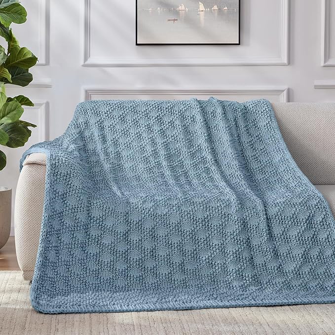 Knitted Weighted Blanket for Adult, Chunky Knit Weighted Throw for Sleep 50"*60" 5lbs, Cooling Breathable Heavy Blanket for Hot Sleepers, Machine Washable Blanket for Room Decor(HazeBlue)