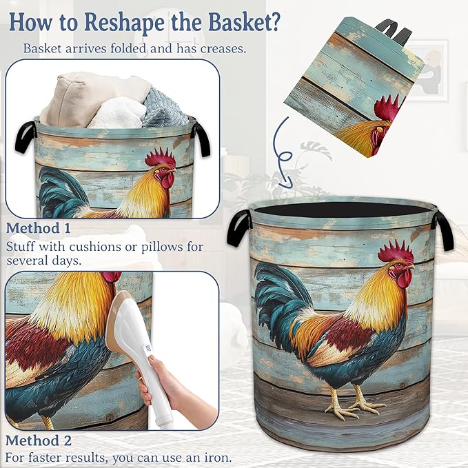Rooster Laundry Basket,Foldable Oxford Cloth Vintage Wooden Board Laundry Hamper with Handles, 20.8"x16" Tote Bag Clothes Storage Bucket for Laundry Room/Bathroom/Bedroom/Dormitories