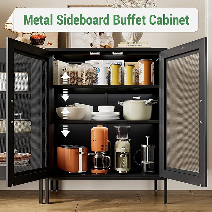 Bathroom Floor Storage Cabinet,40" H Metal Locker, Small Black Cabinets with 2 Adjustable Shelves & 4 Doors,Freestanding Sideboard,Pantry Food Cabinet for Hallway,Home Office, Kitchen
