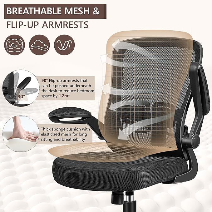 Ergonomic Office Chair - High Back Mesh Computer Desk Chair with Adjustable Lumbar Support, Flip-Up Armrests, Tilt Function - Perfect for Gaming, Work, and Study -Light Black