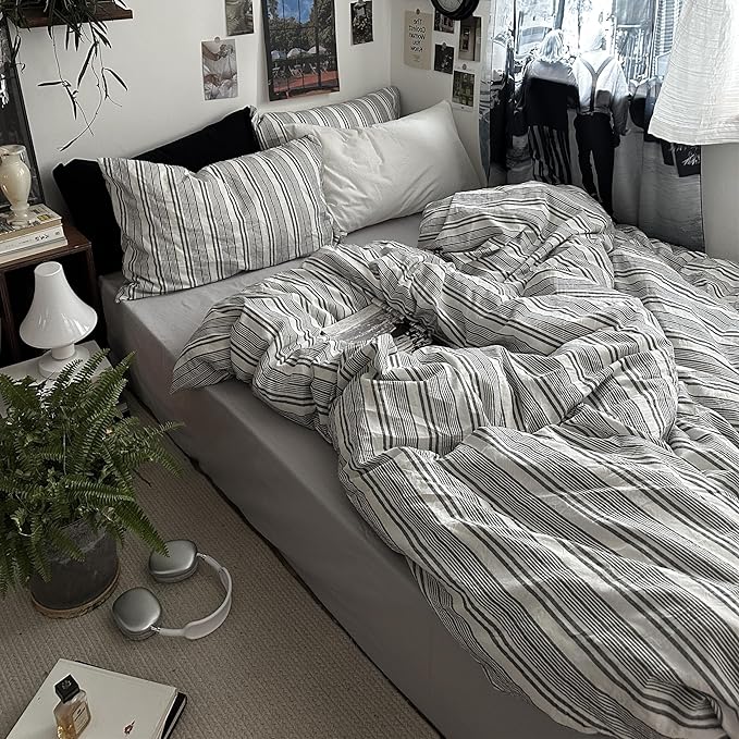 VM VOUGEMARKET King Duvet Cover Set Black Grey White Stripes Bedding Set,Luxury Comfy Washed Cotton Textured Linen Like Comforter Cover with Zipper&Ties-104"x90"