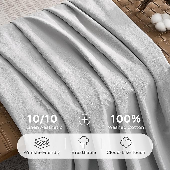 JELLYMONI 100% Washed Cotton Duvet Cover Queen – Soft, Breathable Linen-Look Bedding with Natural Wrinkle Texture, Button Closure, 3-Piece Set (Pale Grey, 90"x90")