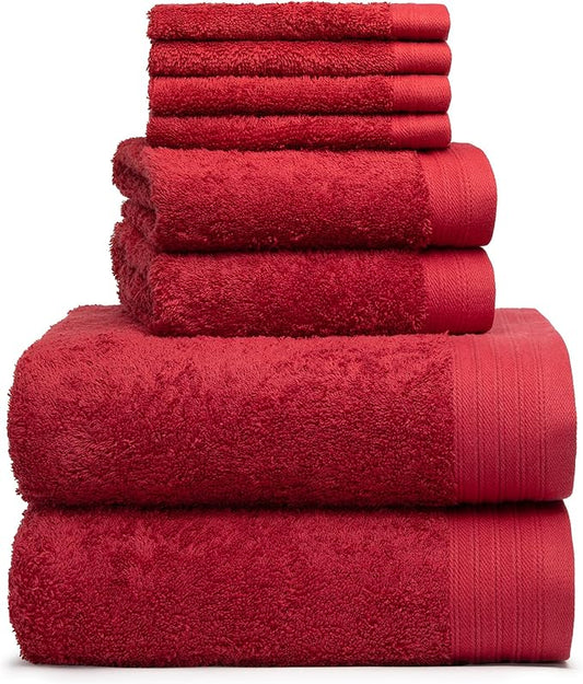 Premium 8 Pieces Towel Set Including 2 Bath Towels 30" x 56", 2 Hand Towels 18" x 30" and 4 Washcloths 13" x 13" - Color: Burgundy | Pure Cotton |Machine Washable high Absorbency