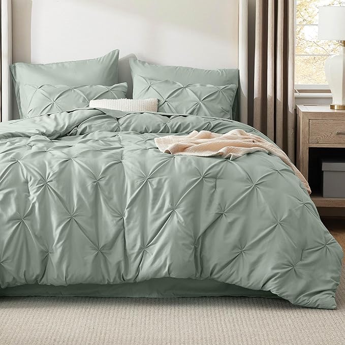 Bedsure California King Comforter Set - Bed in a Bag Cal King Bedding Set 7 PCS, GentleSoft™ Pintuck Bed Set Gift for Family, Pinch Pleat Sage Green Comforter with Sheets, Pillowcases & Shams