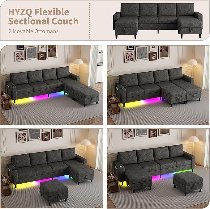 Sectional Couches for Living Room, 4 Seat Sectional Sofa with Smart Module-Wireless Charging/USB/Type-C/RGB Light, U Shaped Couch with Reversible Chaise Lounge/Storage Ottoman (Dark Grey)